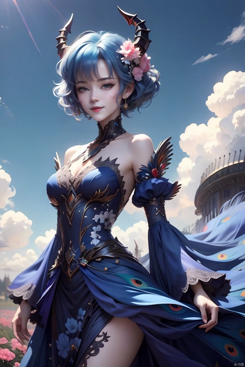 An elegant woman in a peacock-feather dress, short blue hair, runing in a field of flowering flowers against a backdrop of blue skies and white clouds Looking back and smiling , her hair and the corners of her dress fluttering slightly in the breeze, in high-definition, famous artist, Master Light&#039;s art painting,blue hair,Clear and delicate blue eyes,demon horns,