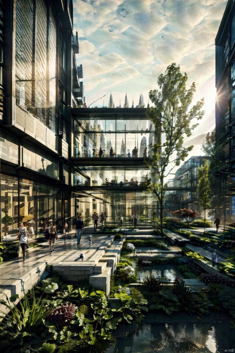  masterpiece, best quality, Ornamental Grass,planet, a large glass house with, David Chipperfield, archdaily, a digital rendering, modernism,In a high-end residential area, there are flowers and plants, street lamps and pedestrians carrying schoolbags home twice.1girl
