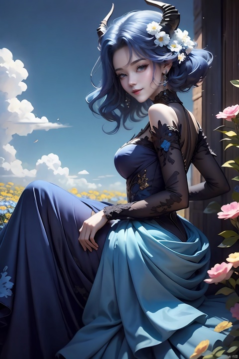 An elegant woman in a flower dress, alternate blue hair length, , sitting on in a field of flowering flowers against a backdrop of blue skies and white clouds, her hair and the corners of her dress fluttering slightly in the breeze, in high-definition, famous artist, Master Light&#039;sart painting,Clear and delicate blue eyes,demon horns,Looking back and smiling,full body