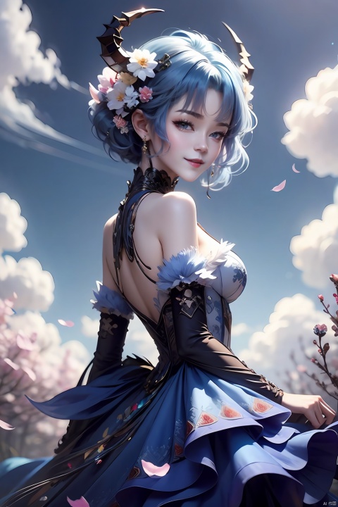  An elegant woman in a peacock-feather dress, short blue hair, runing in a field of flowering flowers against a backdrop of blue skies and white clouds Looking back and smiling , her hair and the corners of her dress fluttering slightly in the breeze, in high-definition, famous artist, Master Light&#039;s art painting,blue hair,Clear and delicate blue eyes,demon horns,
