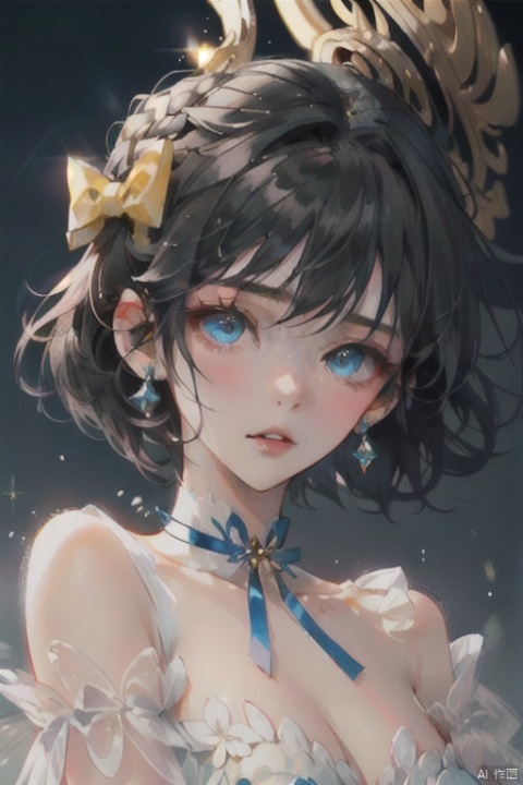   A girl with short black curly hair, blue eyes, delicate facialfeatures, a very large yellow bow on her head, wearing a white dress, diamond luster, , sufei