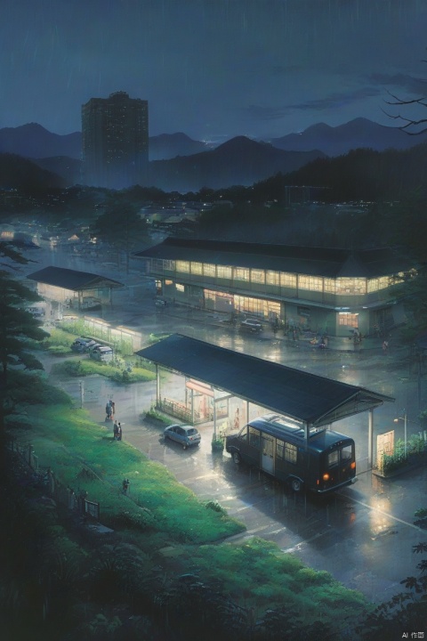 In the grass at night, with a public car station, under the rain, with lights, with buildings, with many people, with the shadows of the forest, with the sunshine, with the style of Miyazaki Hayao, with the style of the cardong, ananmo