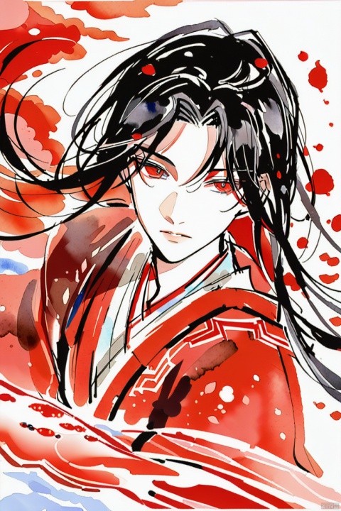  masterpiece,best quality,male,black_hair,red color,1boy teenage, beautiful detailed eyes, color:eyes, hanfu,Chinese style,(hanfu),  shuimo style,watercolor,traditional,sidelocks, straight hair, 