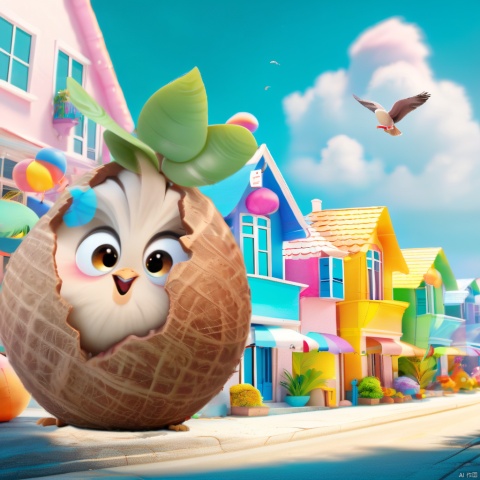  Coconut chicken,The image showcases a vibrant and whimsical scene set in a town with colorful houses. Dominating the foreground is a large, anthropomorphic coconut with a surprised expression, wearing a waffle cone hat. The coconut has large, expressive eyes and a green leaf sprouting from its top. In the background, there are various pastel-colored houses with balconies, windows, and doors. The town appears to be by a body of water, with a few colorful beach balls floating nearby. The sky is clear with a few birds flying around, and the overall ambiance of the image is cheerful and playful.