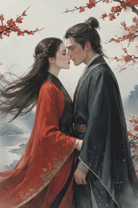 (1 man kisses 1 woman: 1.3), Women have a black and shiny long waist-length hair, adding cool and proud temperament. Deep eyes, tender eyes. The nose is straight, the lips are red, the face is clear, the chin is pointed, and the skin is white. She was graceful and wore a tight black coat. A wide belt set with gems at the waist. There is a dress in the light dress. A cloak is on his shoulder.  Men are unusually generous, with short, refined hair. Deep eyes, opposite women four eyes. The bridge of the nose is tall, the lip is full, the face is clear, the chin is strong, the facial features are correct. Tall, wearing loose robes, wide belts and slacks. With cloth shoes, the instrument is superior. A cloak over his shoulders. (upper body, portrait, full head, bow),ananmo