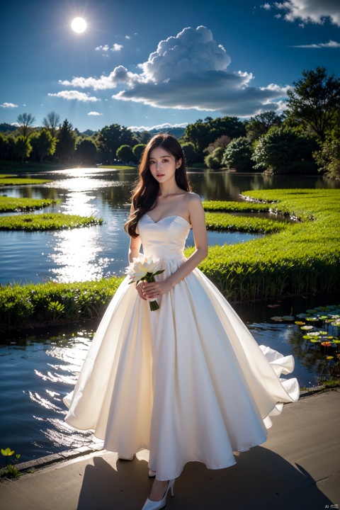 1 The girl was standing by the pond at night. She had long black hair, bright eyes, lancet eyebrows, a straight nose, pale red lips, and a round face. Wearing a white crystal synthetic wedding dress, fluffy ruffles as light as clouds, the light of the dress shines like a dream. Interwoven with light and shadow, every inch of the dress fabric seems to be given life, real and delicate rendering an otherworldly beauty. (Panoramic view, whole body, moonlight background of lotus pond)