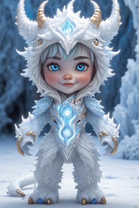 1 Little monster, single, looking at the audience, (dragon AND tiger), (little horns on the head), (blue shining eyes with cute eyes), (white electric current and frost covering a petite and exquisite body :1.7), (cute claws), a small tail behind, ((whole body)), (electric magic :1.8), blizzard environment, (Ice World Background :1.5), (Full body shot), Panoramic, Wide Angle, Soft focus, close-up, High resolution, (Fantasy art), SONY Master lens, f/16 aperture, very detailed, extreme detail, best quality, Ultra HD, textured skin