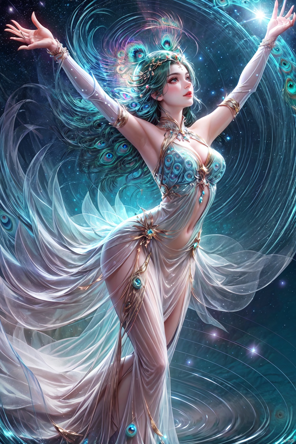 Concept art, Surrealism, Arnold, Carrara, vivid colors, light tracing, semi-backlighting, (Goddess standing dancing on a sea of stars :1.5), expressive body language, (solo :1.3), (long white hair with crystal hair accessories), sexy figure, (transparent peacock dress :1.5), (Beautiful delicate features AND vivid expressions), ((hand droops)), peacock feathers, (halo), (halo), timeless elegance, ((nebula background and starlight effect)), (ripples on water unfold :1.5), dreamy atmosphere, imaginative story, timeless art, close-up, panoramic, stunning visual effects, CG, OC render, UE5, Soft Focus, f/16 aperture, Best Quality, Ultra HD, Ultra High Resolution, Top Quality, Masterpiece, 8K resolution, Complex Detail, Ultra Detailed Detail, sky