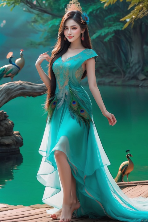 (1 Oriental girl :1.2), single, looking at the audience, (light cyan ultra-long hair :1.5), long eyelashes, (red phoenix eyes with gentle eyes), vibrant face, small nose, (red lips with lovely smile), lotus hair accessories, sexy slim figure, quiet temperament, standing, (hands droopy :1.5), (Peacock dress :1.5), (Pond moonlight background), (Full body shot), Panorama, Wide Angle, Soft focus, close-up, (fantasy artwork), SONY Master lens, f/16 aperture, very detailed, best quality, Ultra HD, texture skin