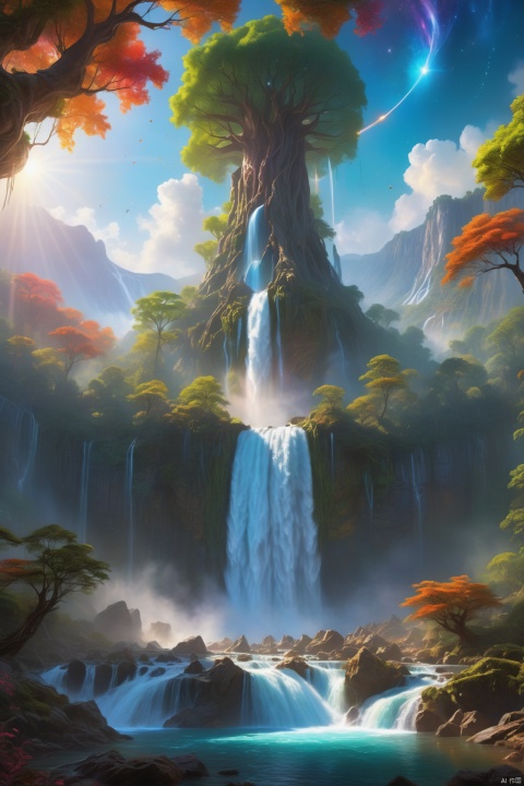 Concept art, stereo sound and light image art, science fiction scene painting, vivid colors, fantasy style, hierarchical, huge, fantasy universe, (standing a surreal, huge towering ancient tree. The trees are luxuriant, and their branches and leaves sparkle with fantastic and mysterious colors :1.3). Next to the old trees, a magnificent waterfall cascades down from the height, creating a quiet and mysterious atmosphere. Sunlight filtered through the trees and mixed with the mist of the waterfall, creating a colorful scene of light and shadow. A giant sun at the top, with colorful energy connected to it, (galaxies, planets, Milky Way around :1.3), (surreal epic scenes, captivating visuals, atmospheric perspectives,),奇幻世界,世界树, DCG