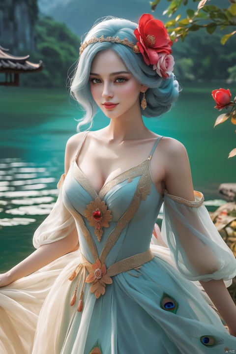 1 Girl, single, looking at the audience, (light blue hair :1.5), long eyelashes, (red phoenix eyes with gentle eyes), vibrant face, small nose, (red lips with lovely smile), camellia hair accessories, sexy slim figure, quiet temperament, standing, (hands down :1.5), (peacock dress :1.5), (Pond moonlight background), (Full body shot), Panorama, Wide Angle, Soft focus, close-up, (Fantasy art), SONY Master lens, f/16 aperture, very detailed, best quality, Ultra HD, textured skin