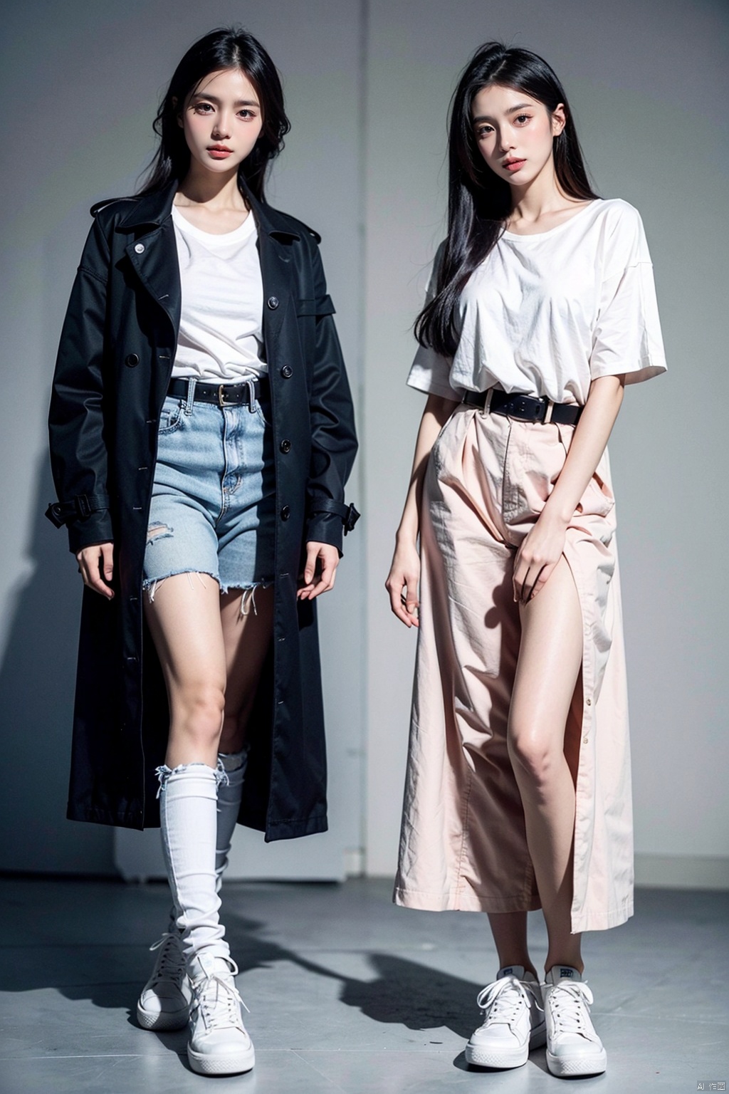 2 Girls standing side by side, the girl on the left, long black hair, the top is wearing a simple white T-shirt, the bottom with a pair of high-waisted blue jeans, the feet are wearing a pair of white sneakers, over a khaki trench coat, the girl on the right, long white hair, the top is wearing a pink floral dress, the waist has a brown belt. He wore a pair of brown ankle boots. Arnold, Carrara, highest quality, high resolution, full HD, fine detail, warm colors