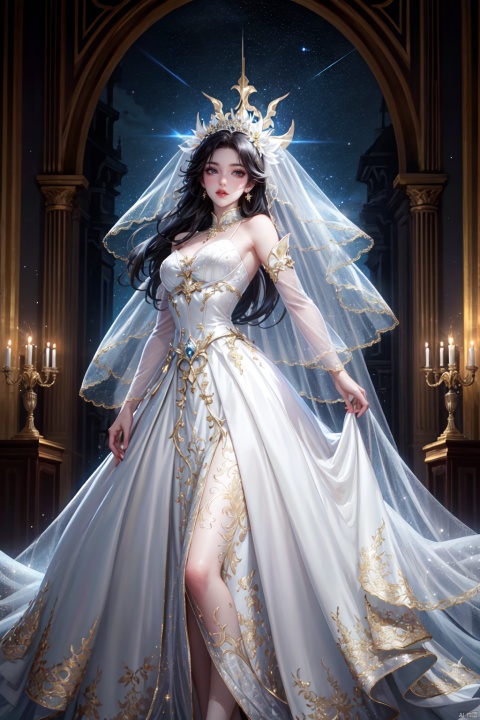 In a surreal and dramatic wedding scene, (solo) a girl in a dark blue haute couture wedding dress, like a goddess stepping out of the stardust, instantly attracted everyone's attention.
The design of this wedding dress is full of exquisite and creative high fashion, dark blue fabric in the light of the light, flashing the light, as if the whole night sky is worn on the body. The skirt of the wedding dress is wide and fluffy, and as it moves, it is like a flowing star river, full of volume and atmospheric lighting effect.
The veil lightly covers the head and is dotted with tiny stardust, which echoes the star pattern on the wedding dress, creating a dreamy and mysterious atmosphere. The makeup is delicate and natural, and the eyes sparkle with anticipation and happiness.
In the wedding scene, the lighting and music are interwoven to create a surreal feeling. The background of the stage is a starry sky, which perfectly echoes the wedding dress and makes people feel like they are in a dreamlike universe. (Panorama, whole body),
Slowly toward the altar of the wedding, the figure in the light of the irradiation, appears more noble and elegant. Every movement, every smile, was so full of drama that it was impossible to look away.
This dark blue wedding dress is not just a dress, it is a work of art, is the designer's pursuit of beauty and wishes for happiness. It perfectly combines the beauty of the girl with the magnificence of the dress to create a surreal and dreamy wedding scene that will be remembered for a long time.