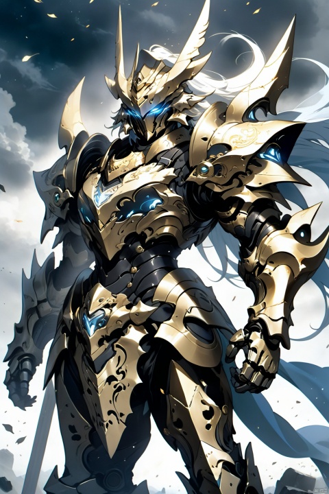 Under a dark sky, clouds rolling, an epic hazy surreal battlefield. A male warrior. There was a twinkle in his golden eyes. Strong and huge. The head is protected by a closed helmet full of technology, and only the eyes are exposed. In full power armor, streamlined design. The surface of the armor is carved with rune carvings of flowing energy. (Atmospheric view, whole body, motion blur, hand droop),Demon mecha warrior