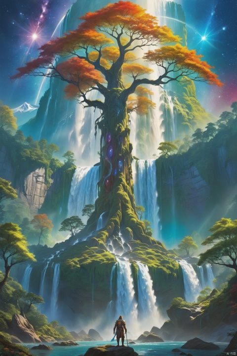 Concept art, stereo sound and light image art, science fiction scene painting, vivid colors, fantasy style, hierarchical, huge, fantasy universe, (standing a surreal, huge towering ancient tree. The trees are luxuriant, and their branches and leaves sparkle with fantastic and mysterious colors :1.3). Next to the old trees, a magnificent waterfall cascades down from the height, creating a quiet and mysterious atmosphere. Sunlight filtered through the trees and mixed with the mist of the waterfall, creating a colorful scene of light and shadow. A giant sun at the top, with colorful energy connected to it, (galaxies, planets, Milky Way around :1.3), (surreal epic scenes, captivating visuals, atmospheric perspectives,),奇幻世界,世界树