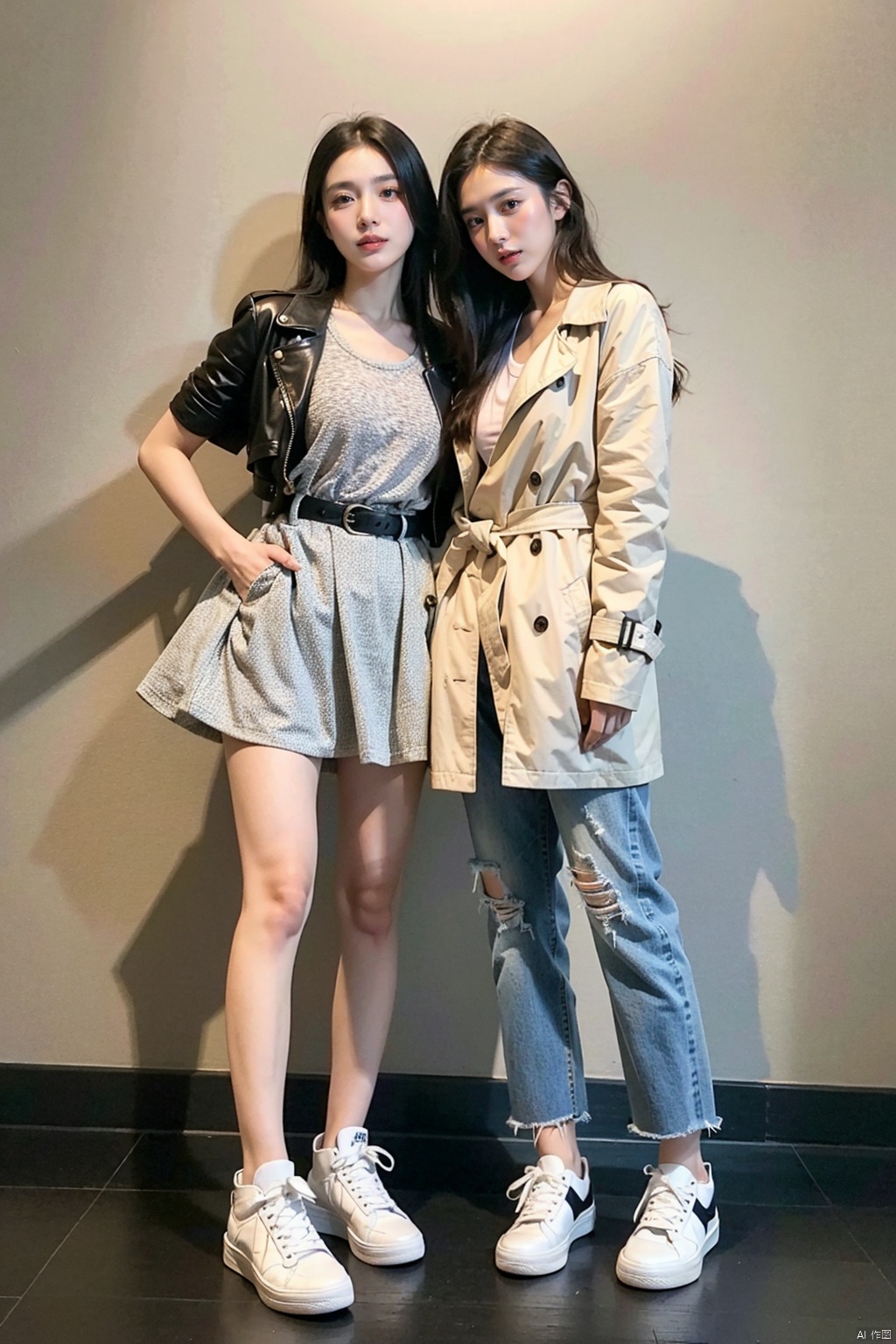 2 Girls standing side by side, the girl on the left, long black hair, the top is wearing a simple white T-shirt, the bottom with a pair of high-waisted blue jeans, the feet are wearing a pair of white sneakers, over a khaki trench coat, the girl on the right, long white hair, the top is wearing a pink floral dress, the waist has a brown belt. He wore a pair of brown ankle boots. Arnold, Carrara, highest quality, high resolution, full HD, fine detail, warm colors