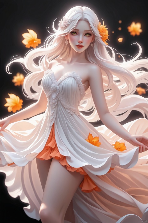 1 Girl, single, looking at the audience, long white hair :0.5 AND long black hair :0.5, red eyes, vibrant face, [delicate features], rosy lips, sweet smile, sexy figure, light particle, standing, ((White Pleated Ruffle Moon Dress AND orange pleated Ruffle Moon dress)), (Ice Magic), Yendell Effect, (Double exposure :1.3), (Fractal Art :1.4), (hdr:0.9), (Black hazy background :1.5), Soft focus, Panorama, Wide Angle, full-length, (Fantasy art), SONY Master lens, f/16 aperture, very detailed, best quality, Ultra HD, textured skin