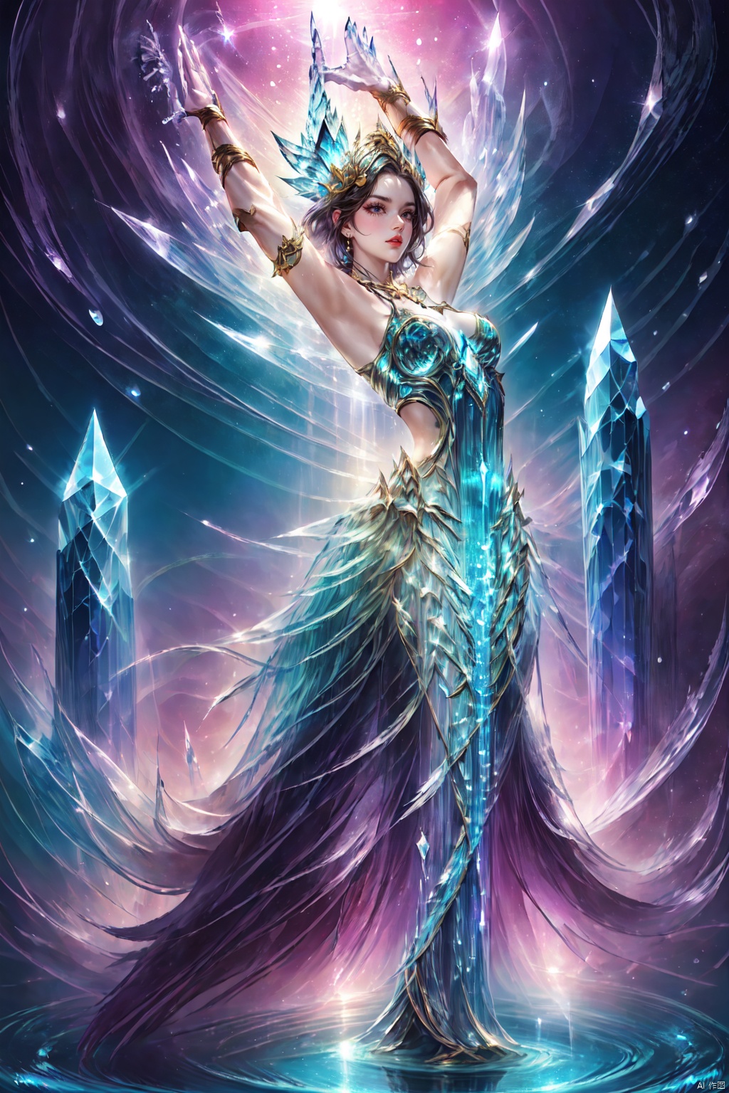Concept art, surreal, Arnold, Carrara, vivid colors, light tracing, semi-backlight, (a goddess dancing on a sea of stars :1.5), expressive body language, (solo :1.3), (long white hair with streaks of stardust), sexy figure, (transparent peacock dress :1.5), ((beautiful delicate features AND vivid expressions)), ((hands droops)), peacock feathers, (halo), (halo), timeless elegance, (biofluorescence AND starlight effects), (ripples on the water surface spread out :1.5), dreamy atmosphere, (mysterious fantasy crystal castle background :1.5), imaginative story, Timeless art, close-up, panoramic, stunning visuals, CG, OC rendering, UE5, Soft Focus, f/16 aperture, Best Quality, Ultra HD, Ultra High Resolution, Top Quality, Masterpiece, 8K resolution, Complex Detail, Ultra Detailed Detail,