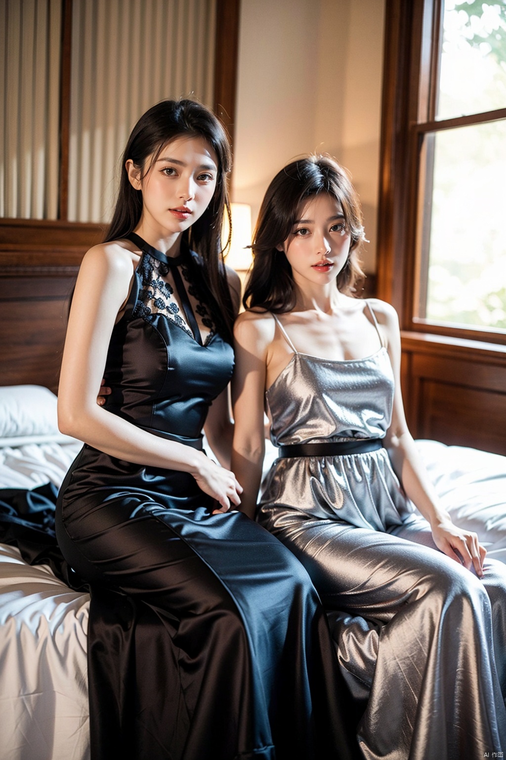At night, the two girls sit side by side in bed, the girl on the left, long black hair, wearing a dark red silk gown with a loop of lace at the neckline, the girl on the right, short black hair, wearing a lavender silk gown, the skirt is embroidered with a delicate silver pattern, the hemline has a layer of tulle, Arnold, Carrara, highest quality, high resolution, full HD, Fine details, warm colors