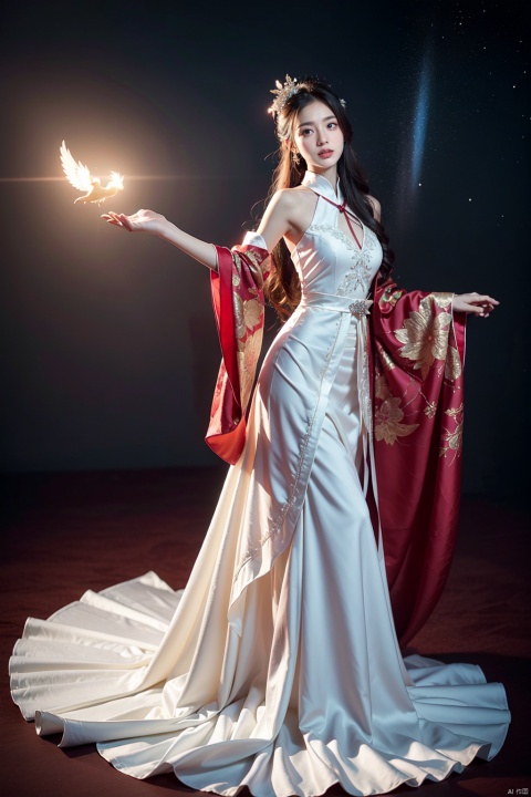 A girl wears a Chinese Hanfu wedding cloak embroidered with a crystal phoenix that shines like a star in the night sky. The feathers of the phoenix are fine, as if embroidered with exquisite craftsmanship. It reflects light and looks like a cape studded with tiny diamonds.
The phoenix is lifelike, its wings spread out, looking elegant and noble, and its tail extends out a 2-meter-long skirt, which fluttered gently with the bride's movement, like a dream.
The main color of the wedding cloak is red, representing happiness and luck. Phoenix symbolizes rebirth and eternity, embroidered on the wedding dress, meaning happiness and a good future.
This wedding cloak not only looks beautiful, noble, but also contains rich cultural significance and good meaning, is a piece of art full of blessing and hope, is the dream of every bride's wedding dress. (Panorama, full body, solo)