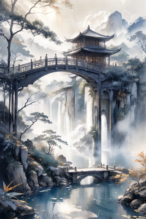 Vistas: The Outlines of pavilions are faintly visible, depicted in light ink and fine brushwork. The sky is shrouded in clouds and rendered in light ink, adding a layer of fantasy and mystery to the whole scene. Middle scene: Peaceful bamboo forest. An ancient bridge quietly straddles the water, its outline outlined in ink and the water rendered in light ink. Close up: The girl is standing, her eyes clear and deep, with light ink. Delicate eyebrows. Open your lips slightly. Rosy face, rendered in light ink. The hair was thick and shiny, and the dark black hair fell like a waterfall. Wearing a soft satin dress, the shine and flow of the dress were expressed through different shades of ink. Around his waist was an embroidered sash, embroidered with delicate patterns. Wearing a veil of light. Embroidered shoes on the feet, the pattern on the upper is depicted with fine brushstrokes. (Atmospheric view, panoramic view, whole body), ananmo,山水如画