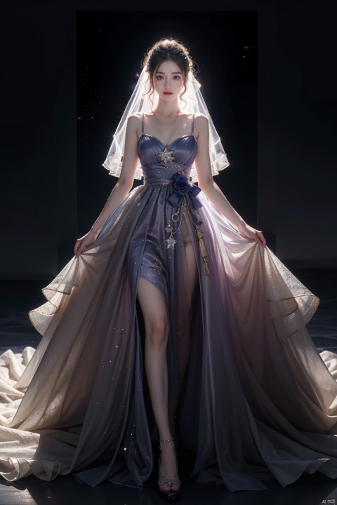 In the surreal wedding scene, a girl in lavender couture wedding dress, shining like a goddess of stardust. The dark blue dress twinkling in the light, fluffy like the stars flowing, the veil light, stardust embellished, creating a mysterious atmosphere of dream. Under her delicate makeup, her eyes are full of anticipation and happiness. As she walked to the altar, every step was noble and elegant, every smile so dramatic that it was hard to look away. This wedding dress is not only a garment, but also a work of art, combining the designer's pursuit of beauty and happiness to create an unforgettable surreal wedding scene. (Panorama, whole body), fanxing
