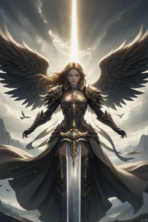 The dark sky, dark clouds, hazy surreal atmosphere, as if the scene of the mythological era. Oppressive and mysterious sky, a female archangel, the figure of the sky. Brown hair blowing in the wind. Flawless face, golden eyes, solemn expression. Tall and huge, standing like a mountain on the battlefield, wearing a strong body armor, reflecting a mysterious luster. Holding a huge sword, a pair of angel wings behind the sun, emitting a holy light, bringing hope and redemption. Several glowing birds surround :1.3). God rings adorn the top of the head. (Atmospheric view, medium view, Whole body, Dynamic blur, octane rendering, OC rendering), Wielding sword