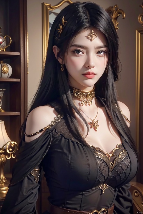 1 Mature woman standing in the living room. Long black shawl hair, (face shape perfect, ogling eyes, shining charming light. A charming smile with a closed mouth and a reddish face).
The top is a black silk off-the-shoulder dress with a lace belt and lace embellishment. She was wearing black tights and a pair of high-heeled sandals. Dress casually with style. It is not only the gorgeous appearance, but also the maturity and confidence emanating from the inside out. (Close-up, upper body, hands down), ((Full HD, High detail, Ultra High Quality, High resolution, more detailed details)), ChihunHentai