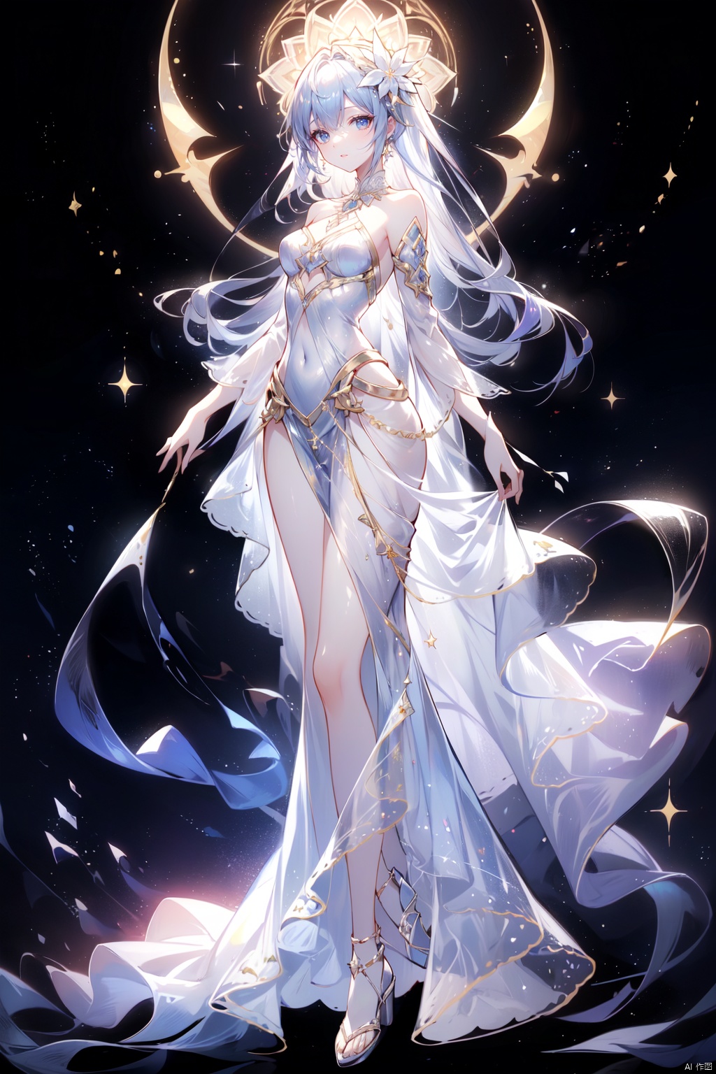 At night, a goddess floats in a dreamy scene, illuminated by the moon. She has long white hair.
Bright eyes. Straight nose, pale red lips, smiling.
She has a beautiful face and a soft jawline. Wearing a white haute couture evening gown, the dress looked particularly elegant. White silk with long sleeves and sandals. A pair of transparent and luminous wings behind the sun. The skirt was pale blue, like the night sky, and the moon shone with little stars. The skirt is very big, moving like a flowing Milky Way, so dreamy.
The veil is very thin and transparent, and there are some small decorations on it, like stars, with a sense of mystery.
This is an unforgettable and surreal dream scene, the God rings in the sky, the goddess shines, like the stardust goddess out of the myth, bright and unforgettable. Her existence itself is a kind of embodiment of beauty, people can not help but fall for it, for the praise. (Panoramic, full body, solo, hands down), fine detail, beautiful lines, highest resolution, top quality, fanxing, cute girl