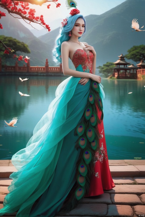 1 Girl, single, looking at the audience, (light blue hair :1.5), long eyelashes, (red phoenix eyes with gentle eyes), vibrant face, small nose, (red lips with lovely smile), camellia hair accessories, sexy slim figure, quiet temperament, standing, (hands down :1.5), (peacock dress :1.5), (Pond moonlight background), (Full body shot), Panorama, Wide Angle, Soft focus, close-up, (Fantasy art), SONY Master lens, f/16 aperture, very detailed, best quality, Ultra HD, textured skin