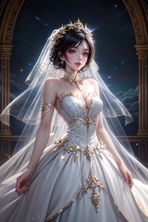 In a surreal and dramatic wedding scene, (solo) a girl in a lavender couture wedding dress, like a goddess stepping out of the stardust, instantly attracted everyone's attention.
The design of this wedding dress is full of exquisite and creative high fashion, dark blue fabric in the light of the light, flashing the light, as if the whole night sky is worn on the body. The skirt of the wedding dress is wide and fluffy, and as it moves, it is like a flowing star river, full of volume and atmospheric lighting effect.
The veil lightly covers the head and is dotted with tiny stardust, which echoes the star pattern on the wedding dress, creating a dreamy and mysterious atmosphere. The makeup is delicate and natural, and the eyes sparkle with anticipation and happiness.
In the wedding scene, the lighting and music are interwoven to create a surreal feeling. The background of the stage is a starry sky, which perfectly echoes the wedding dress and makes people feel like they are in a dreamlike universe. (Panorama, whole body),
Slowly toward the altar of the wedding, the figure in the light of the irradiation, appears more noble and elegant. Every movement, every smile, was so full of drama that it was impossible to look away.
This dark blue wedding dress is not just a dress, it is a work of art, is the designer's pursuit of beauty and wishes for happiness. It perfectly combines the beauty of the girl with the magnificence of the dress to create a surreal and dreamy wedding scene that will be remembered for a long time.