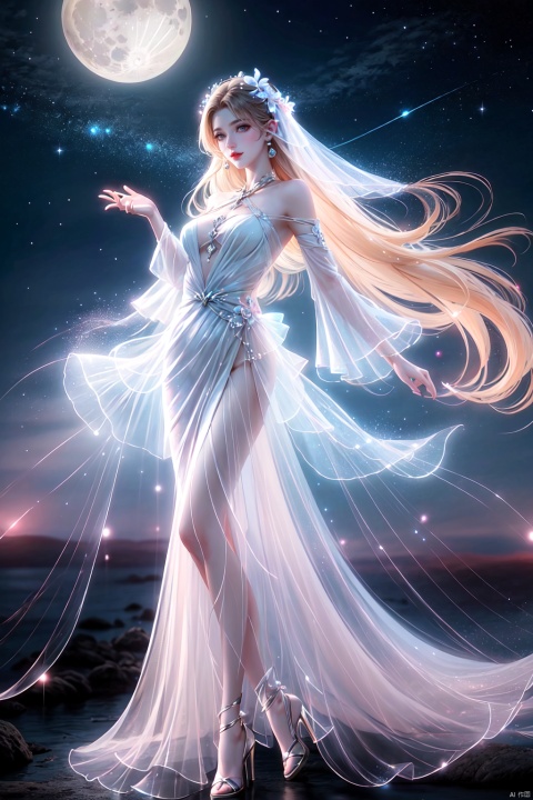 At night, a goddess floats in a dreamy scene, illuminated by the moon. She has long white hair.
Bright eyes. Straight nose, pale red lips, smiling.
She has a beautiful face and a soft jawline. The upper body wore a luminous transparent haute couture evening gown, the dress looked particularly elegant. White silk with long sleeves and sandals. The skirt was luminous and transparent, like the night sky, when the moon shone with little stars. The skirt is very big, moving like a flowing Milky Way, so dreamy.
The veil is very thin and transparent, and there are some small decorations on it, like stars, with a sense of mystery.
This is an unforgettable and surreal dream scene, the God rings in the sky, the goddess shines, like the stardust goddess out of the myth, bright and unforgettable. Her existence itself is a kind of embodiment of beauty, people can not help but fall for it, for the praise. (Panoramic, full body, solo, hands down), fine detail, beautiful lines, highest resolution, top quality