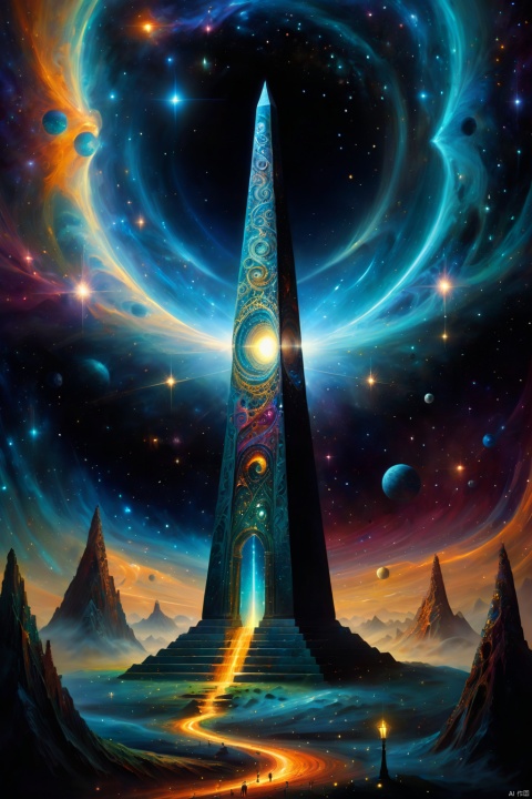 In an unknown world, an unknown fantasy land, small stars of different colors are connected together, a very tall and huge obelisk stands in the universe, the tower is covered with exquisite relief and mysterious patterns, the obelisk is connected with the divine black hole energy flow, a huge black hole in the void, atmospheric perspective, magical realism, super high quality, high resolution, and so on. Fine details, fine textures, intricate patterns, huge