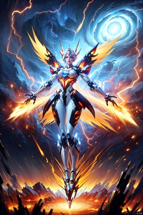 Surrealism, light tone, expressive body language, (fine texture details, partial texture of metal robot), atmospheric perspective, whole body, (1 maiden :1.5), standing, (solo :1.8), night, beautiful face, slender figure, (Mecha armor, three pairs of Mecha wings, battle shoes :1.3), (Cyclone :1.7), Fanciful techno lifeforms, (blue and red light particles), futuristic, Arnold, Carrara, full HD, ultra-high quality, high resolution, ultra-fine paintings