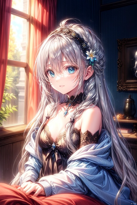 1 Girl, 25y.o. Evening, indoor, bedroom, sitting, window, (long silver hair :1.4), Lolita headband, pretty face, (blue eyes), purple pupils, slender eyebrows, small nose, (shy :0.7), (smile :0.5), cocked head, (red off-the-shoulder shirt), brooch, collarbone, dress, thin waist, devil figure, Upper body, (hand down), 8k,F / 16 aperture, ((Portrait)), caustic, original painting, (macro photo), Reflected light, film shadow effect, dark contrast, Very detailed, high detail, best quality, Ultra HD