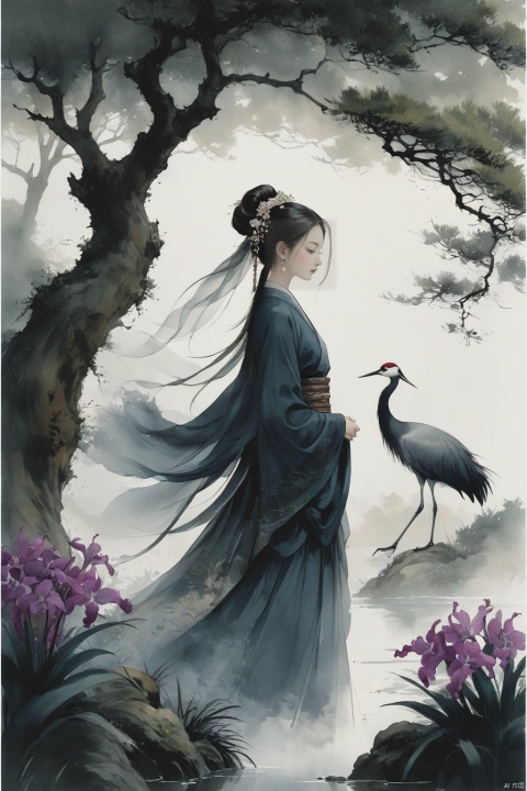 In an ink painting, clouds swirl around to create an atmosphere of misty beauty. In the picture, several cranes walk gracefully. An old tree in the background has a thick trunk and lush foliage. Under the old tree, a girl sat quietly, next to several orchis exuding fragrance. The eyes are picturesque, the temples are light, and the hair is fixed with exquisite hairpins, the eyes are bright, and the veil is inky. She is tall and tall, wearing an ink-colored skirt, an ink-colored shawl, a belt and ink-colored embroidered shoes on her feet. (Simple beauty, smooth lines. Blank art, delicate strokes, medium shot, whole body, hand down), ananmo