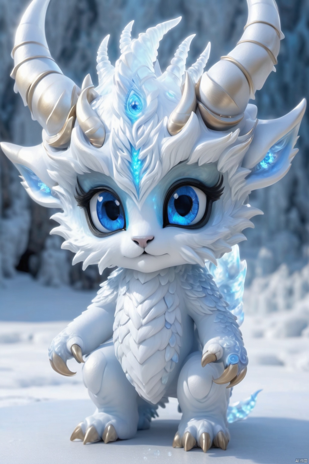1 Little monster, single, looking at the audience, (Dragon AND Lion), (little horns on the head), (blue shining eyes with lovely eyes), (white electric current and frost covering a petite and exquisite body :1.7), (cute claws), a small tail behind, ((whole body)), (electric magic :1.8), blizzard environment, (Ice World Background :1.5), (Full body shot), Panoramic, Wide Angle, Soft focus, close-up, High resolution, (Fantasy art), SONY Master lens, f/16 aperture, very detailed, extreme detail, best quality, Ultra HD, textured skin