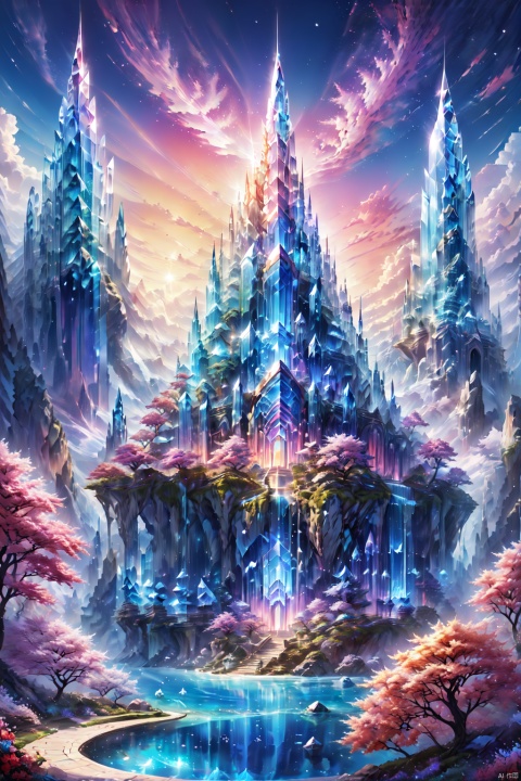Concept art, surreal, Arnold, Carrara, vivid colors, light tracing, (floating an ethereal crystal castle at the center of a star-studded universe), magical architecture cut entirely from rainbow crystals, multi-layered walls that shimmy in spectral colors to reflect the splendor of the surrounding starry sky, roofs inlaid with crystal tiles, Glitter, (suspended in an endless sea of stars), adds celestial wonders, (halo), (halo), timeless elegance, (fluorescence effect AND starlight effect), (stars AND nebulae), dreamy atmosphere, imaginative stories, timeless art, panoramic views, captivating visuals, CG, OC rendering, UE5, Soft focus, f/16 aperture, Best Quality, Ultra HD, Ultra High Resolution, Top Quality, Masterpiece, 8K resolution, Complex Detail, Ultra Detail,