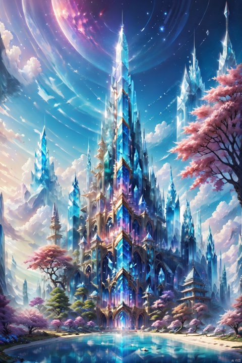 Concept art, surreal, Arnold, V-Ray, vivid colors, light tracing, (a majestic and enchanting crystal castle floating in a sea of stars :1.8), (overall made of iridescent crystals, translucent multi-layered walls, roof made of crystal tiles), slender spires and spires, (An arched gate of obsidian crystal with a mysterious carved surface :1.5), a stunning fusion of form AND function, a symphony of light AND shadow, reality and fantasy, a fascinating wonder in a vast and mysterious universe, (halo), (halo), eternal grace, (fluorescence effect and starlight effect), (stars and nebulae), Fantastic atmosphere, imaginative story, timeless art, panoramic views, captivating visuals, CG, OC rendering, UE5, Soft focus, f/16 aperture, Best Quality, Ultra HD, Ultra High Resolution, Top Quality, Masterpiece, 8K resolution, Complex Detail, Ultra Detailed Detail,