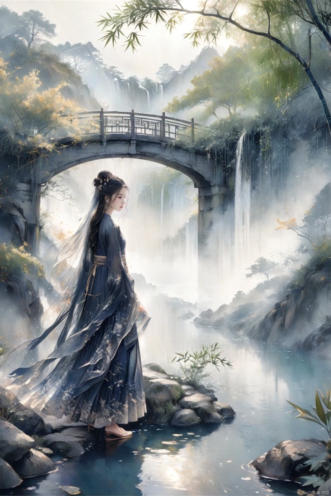 Vista: The outline of the pavilions is depicted in light ink and fine brushstrokes. The whole picture, shrouded in clouds and rendered in light ink, adds a layer of dreaminess and mystery to the whole scene :1.2). Middle scene :(in a peaceful bamboo forest. An ancient bridge quietly straddles the water, the bridge is outlined in ink and the water is rendered in light ink :1.3). Close up :(1) The girl stands under the old tree, her eyes are clear and deep, and she is lightly smudged with light ink. Delicate eyebrows. Open your lips slightly. Rosy face, rendered in light ink. The hair is thick and shiny, and the dark black hair falls like a waterfall). (Wearing a soft satin dress, the shine and flow of the dress were expressed through different shades of ink. Around his waist was an embroidered sash, embroidered with delicate patterns. Wearing a veil of light. Embroidered shoes on the feet, the pattern on the upper shoe is described with fine brush strokes :1.4). (Atmospheric view, panoramic view, whole body), ananmo,山水如画