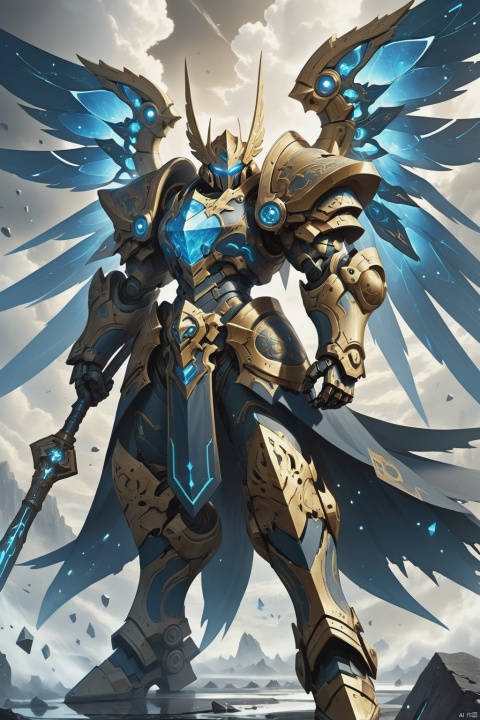 Under a dark sky, clouds rolling, an epic hazy surreal battlefield. A male warrior. There was a twinkle in his golden eyes. Strong and huge. The head is protected by a closed helmet full of technology, and only the eyes are exposed. In full power armor, streamlined design. The surface of the armor is carved with rune carvings of flowing energy. (Armed with a warhammer. A pair of giant high-tech mechanical wings on the back, made of particle crystals. Several energy pipes are connected to the endless void to absorb energy :1.3). (Atmospheric view, medium view, whole body, Motion blur),Demon mecha warrior,Wielding battlehammer