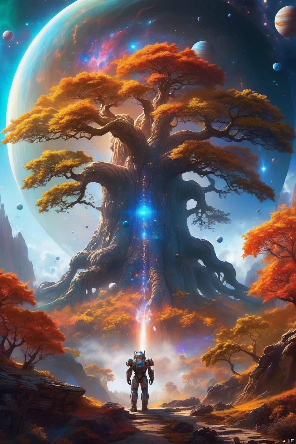 Concept art, stereo sound and light image art, science fiction scene painting, vivid colors, fantasy style, hierarchical, huge, fantastic universe (a surreal, very huge tree, suspended in the universe :1.3), under the tree is a soldier wearing a heavy and beautiful mech, guarding the giant tree. A giant sun at the top, with colorful energy connected to it, (galaxies, planets, Milky Way around :1.3), (surreal epic scenes, captivating visuals, atmospheric perspective),奇幻世界,世界树,Demon mecha warrior