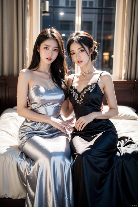 At night, the two girls sit side by side in bed, the girl on the left, long black hair, wearing a dark red silk gown with a loop of lace at the neckline, the girl on the right, short black hair, wearing a lavender silk gown, the skirt is embroidered with a delicate silver pattern, the hemline has a layer of tulle, Arnold, Carrara, highest quality, high resolution, full HD, Fine details, warm colors