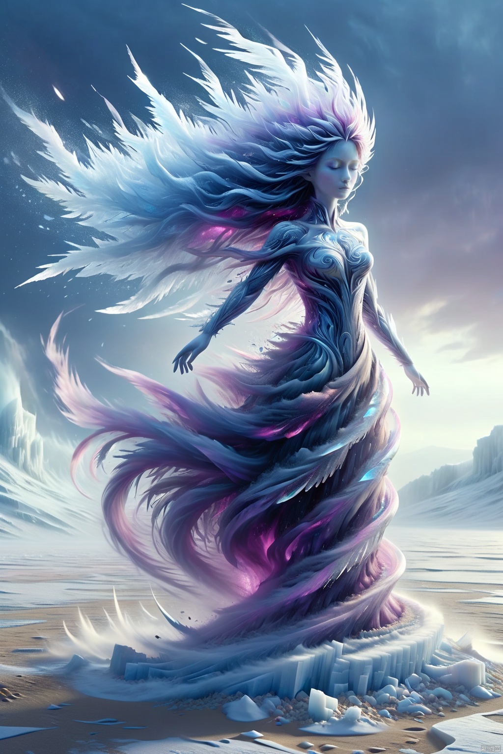 Stuart Lippincott style, whimsical, (1 huge statue of a girl made of ice AND floating AND huge dark standing DonM3l3m3nt4lXL), vivid colors, divisive themes, (Frozen World :1.5), gloomy skies, (Tornado :1.8), (Flying Sand :1.7), (Solo :1.5), messy long black hair, elegant face shape, gentle eyes, surreal style, Panoramic, atmospheric perspective, wide Angle, from below, (realistic :1.4), Arnold, Carrara, HDR, CG, OC render, UE5, Full HD, High Detail, Ultra High Quality, High resolution, more detailed detail, A hyperfine painting, bailing_ice_sculpture