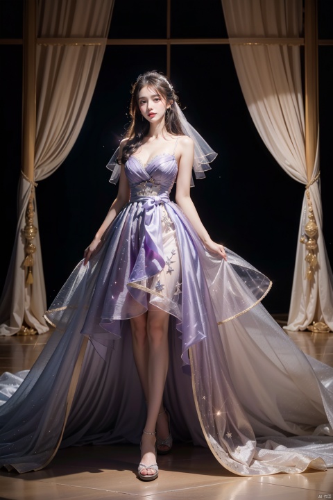 In the surreal wedding scene, a girl in lavender couture wedding dress, shining like a goddess of stardust. The dark blue dress twinkling in the light, fluffy like the stars flowing, the veil light, stardust embellished, creating a mysterious atmosphere of dream. Under her delicate makeup, her eyes are full of anticipation and happiness. As she walked to the altar, every step was noble and elegant, every smile so dramatic that it was hard to look away. This wedding dress is not only a garment, but also a work of art, combining the designer's pursuit of beauty and happiness to create an unforgettable surreal wedding scene. (Panorama, whole body), fanxing