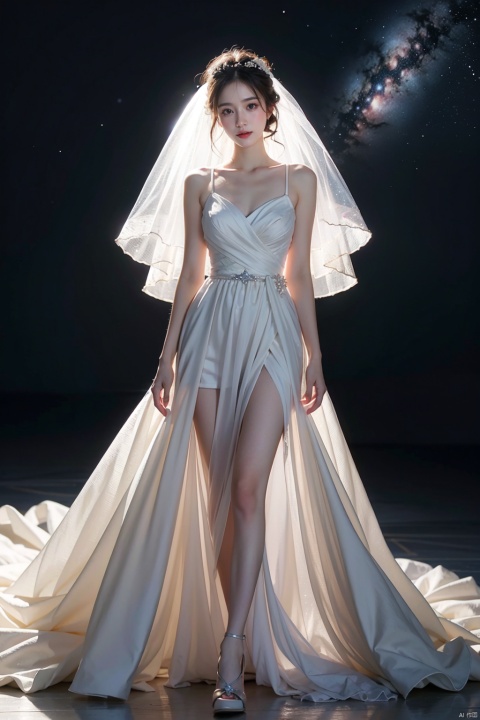 In a surreal and dramatic wedding scene, (solo) a girl in a lavender couture wedding dress, like a goddess stepping out of the stardust, instantly attracted everyone's attention.
The design of this wedding dress is full of exquisite and creative high fashion, dark blue fabric in the light of the light, flashing the light, as if the whole night sky is worn on the body. The skirt of the wedding dress is wide and fluffy, and as it moves, it is like a flowing star river, full of volume and atmospheric lighting effect.
The veil lightly covers the head and is dotted with tiny stardust, which echoes the star pattern on the wedding dress, creating a dreamy and mysterious atmosphere. The makeup is delicate and natural, and the eyes sparkle with anticipation and happiness.
In the wedding scene, the lighting and music are interwoven to create a surreal feeling. The background of the stage is a starry sky, which perfectly echoes the wedding dress and makes people feel like they are in a dreamlike universe. (Panorama, whole body),
Slowly toward the altar of the wedding, the figure in the light of the irradiation, appears more noble and elegant. Every movement, every smile, was so full of drama that it was impossible to look away.
This dark blue wedding dress is not just a dress, it is a work of art, is the designer's pursuit of beauty and wishes for happiness. It perfectly combines the beauty of the girl with the magnificence of the dress to create a surreal and dreamy wedding scene that will be remembered for a long time.