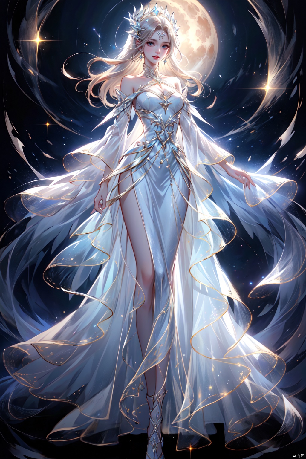 At night, a goddess floats in a dreamy scene, illuminated by the moon. She has long white hair.
Bright eyes. Straight nose, pale red lips, smiling.
She has a beautiful face and a soft jawline. Wearing a white haute couture evening gown, the dress looked particularly elegant. White silk with long sleeves and sandals. A pair of transparent and luminous wings behind the sun. The skirt was pale blue, like the night sky, and the moon shone with little stars. The skirt is very big, moving like a flowing Milky Way, so dreamy.
The veil is very thin and transparent, and there are some small decorations on it, like stars, with a sense of mystery.
This is an unforgettable and surreal dream scene, the God rings in the sky, the goddess shines, like the stardust goddess out of the myth, bright and unforgettable. Her existence itself is a kind of embodiment of beauty, people can not help but fall for it, for the praise. (Panoramic, full body, solo, hands down), fine detail, beautiful lines, highest resolution, top quality, fanxing, cute girl