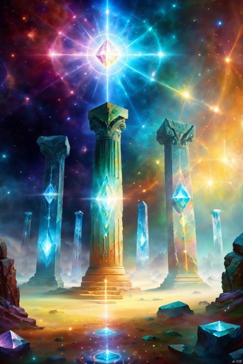 In an unknown world, an unknown fantasy land, nebulae of different colors connected together, several ancient stone columns reaching into the sky, an altar covered with mysterious runes, a giant crystal suspended above the altar, crystals connected to mysterious energy flows, atmospheric perspective, magical realism, super high quality, high resolution