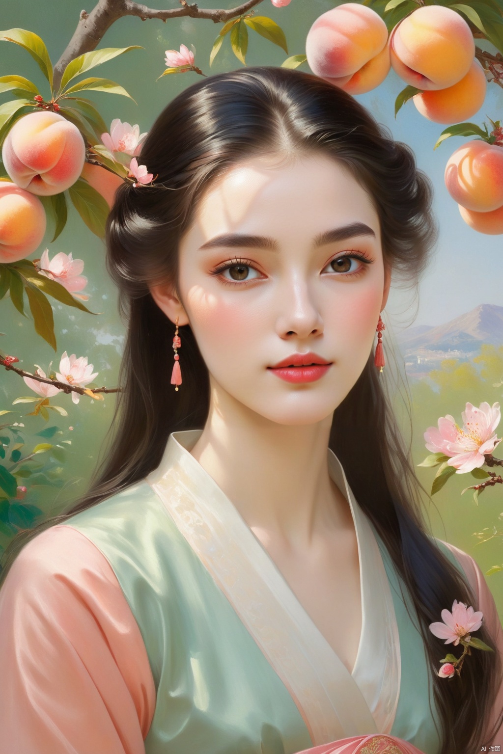 Oil painting realism, French image school. On a spring afternoon. The girl sat down under a lush peach tree. Black long hair falls like a waterfall naturally scattered behind the back, set off delicate skin, exudes natural beauty. In a Chinese dress dress, the dress is tailored and elegant to highlight the delicate features and slim figure. The skirt pendulum with the breeze gently swing, revealed the classical flavor. Wear simple cloth shoes on your feet. The eyes are bright and soft against pink eye shadow. Elegant arched eyebrows outline a beautiful face, make facial features more three-dimensional and vivid. There was a gentle smile on his lips, warm and kind. Makeup look delicate and natural, blush gently sweep across the cheek, bring healthy ruddy. The eyeliner smoothly depicts the outline of the eyes, making the eyes more bright and divine. Elegant and easy. (solo, body, hand hang)