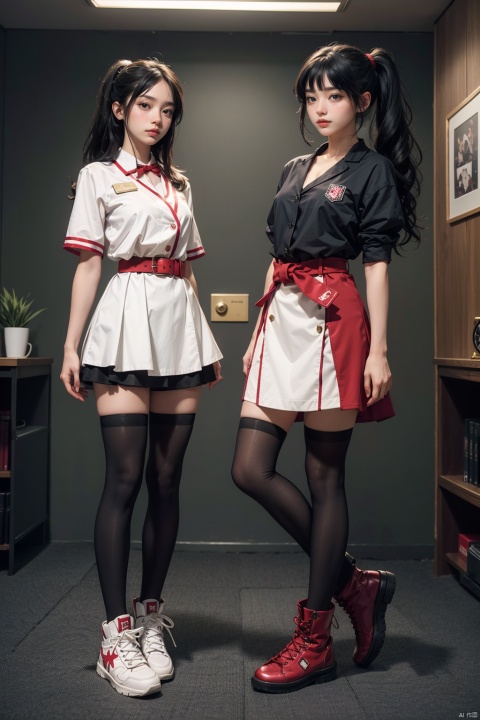 2 Girls standing side by side in the office, the girl on the left has a black ponytail, the top is wearing a red Goth sheath dress, the bottom with red stockings, and the feet are wearing a pair of red sneakers, the girl on the right has long white hair, the top is wearing a purple wrap skirt, the waist has a purple belt, the bottom with purple stockings, and the feet are wearing a pair of purple ankle boots. (Medium, full body, hands down), Arnold, Carara, highest quality, high resolution, full HD, fine detail, warm colors